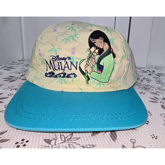 Vintage Disney Mulan 90s Youth Hat Teal Brim Bamboo Print - Picture 1 of 16
